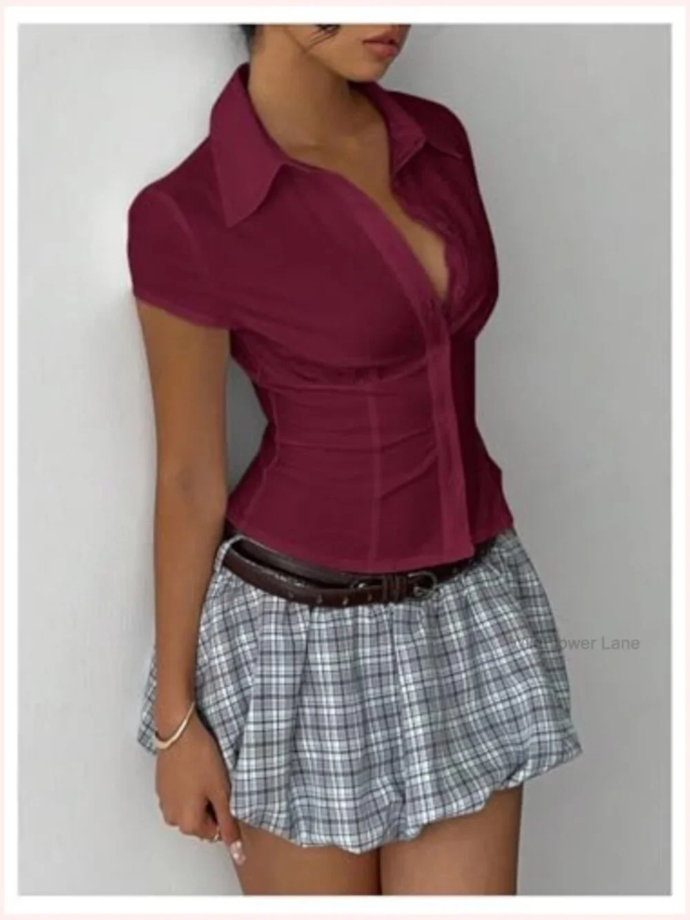 Cap Sleeve Button Down Shirt Blouse Slim Fit Collared Neck Work Tops - Picture 5 of 6
